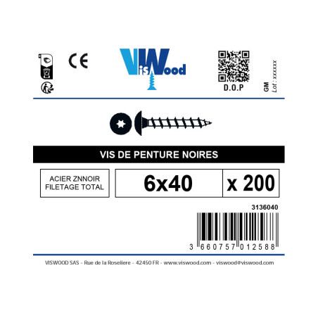 Boite 200 vis penture 6 X 40mm zingué noir - Viswood