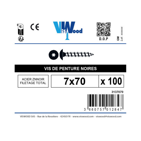 Boite 100 vis penture 7 X 70mm zingué noir - Viswood