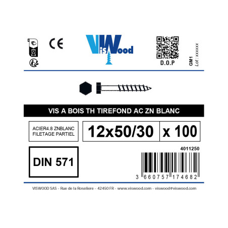 Boite 100 vis à bois 12 X 50mm tête hexagonale zingué - Viswood