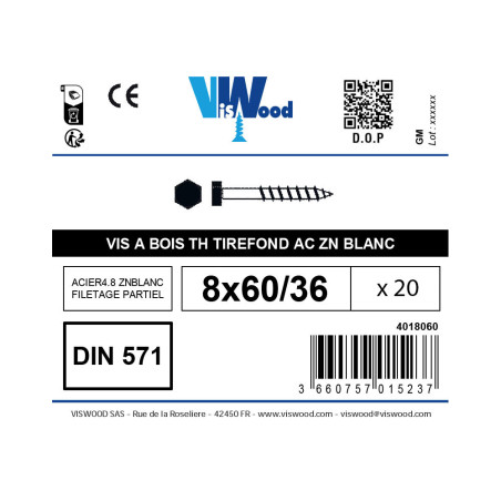 Boite 20 tirefond vis à bois 8 X 60mm tête hexagonale zingué - Viswood