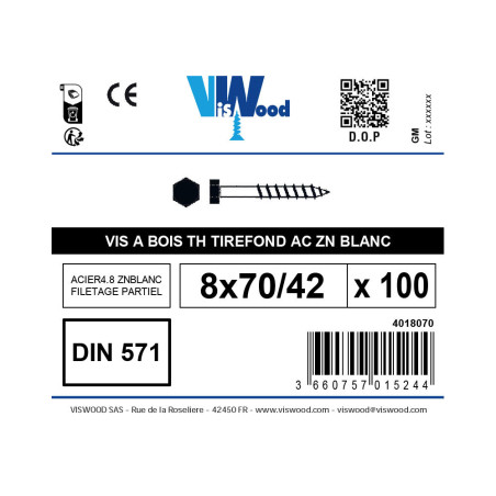 Boite 100 vis à bois 8 X 70mm tête hexagonale zingué - Viswood