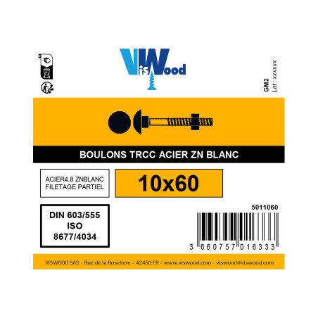 Boulon TRCC 10 X 60mm zingué à l'unité - Viswood