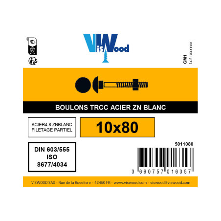 Boulon TRCC 10 X 80mm zingué à l'unité - Viswood