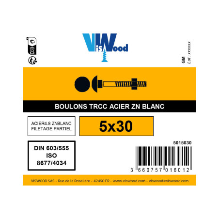 Boulon TRCC 5 x 30mm zingué à l'unité - Viswood