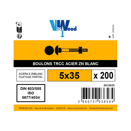 Boite 200 boulons TRCC 5 x 35mm zingué - Viswood