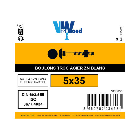 Boulon TRCC 5 x 35mm zingué à l'unité - Viswood