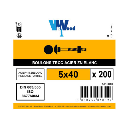 Boite 200 boulons TRCC 5 x 40mm zingué - Viswood