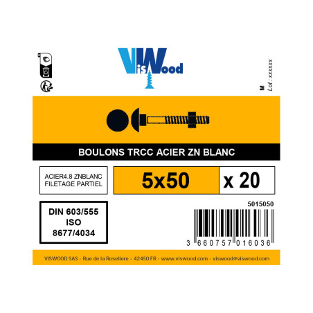 Boite 20 boulons TRCC 5 x 50mm zingué - Viswood