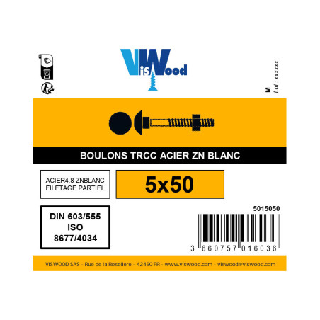 Boulon TRCC 5 x 50mm zingué à l'unité - Viswood