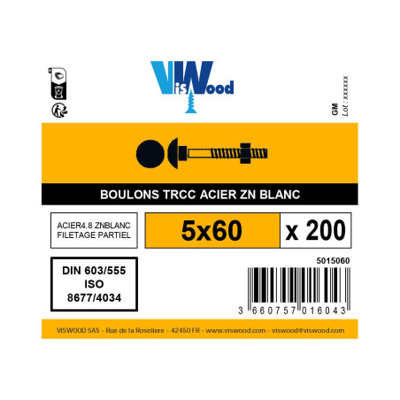 Boite 200 boulons TRCC 5 x 60mm zingué - Viswood