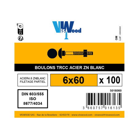 Boite 100 boulons TRCC 6 X 60mm zingué - Viswood