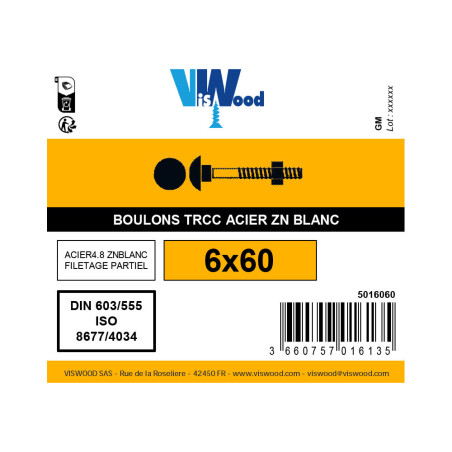 Boulon TRCC 6 X 60mm zingué à l'unité - Viswood