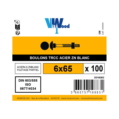 Boite 100 boulons TRCC 6 x 65mm zingué - Viswood