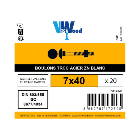 Boite 20 boulons TRCC 7 x 40mm zingué - Viswood