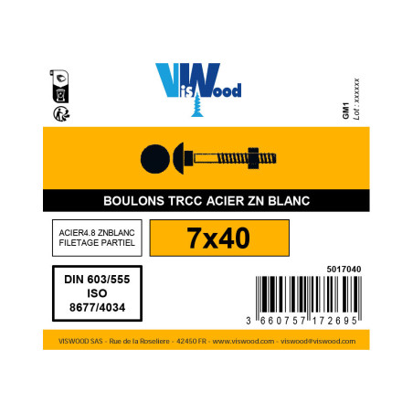 Boulon TRCC 7 X 40mm zingué à l'unité - Viswood