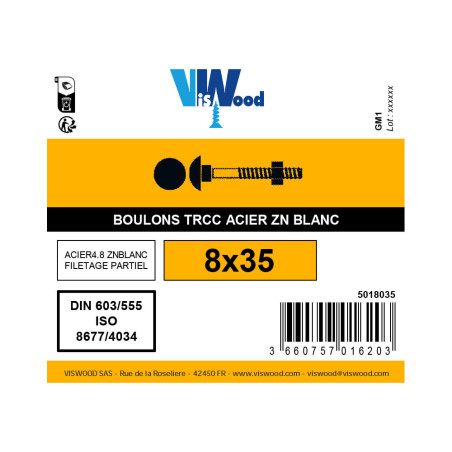 Boulon TRCC 8 x 35mm zingué à l'unité - Viswood