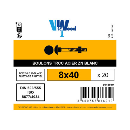 Boite 20 boulons TRCC 8 x 40mm zingué - Viswood