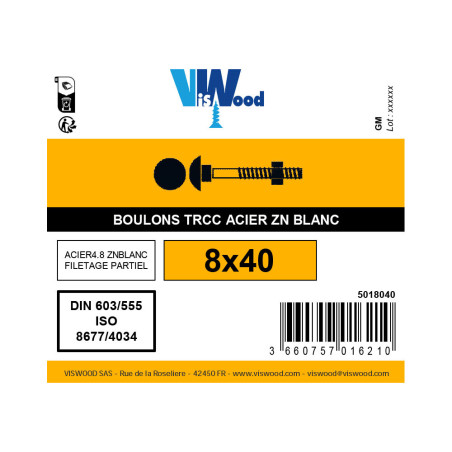 Boulon TRCC 8 X 40mm zingué à l'unité - Viswood