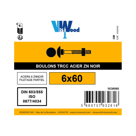 Boulon TRCC 6 X 60mm zingué noir à l'unité - Viswood