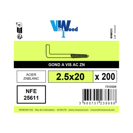 Boite 200 gonds à vis 2,5 X 20mm zingué - Viswood