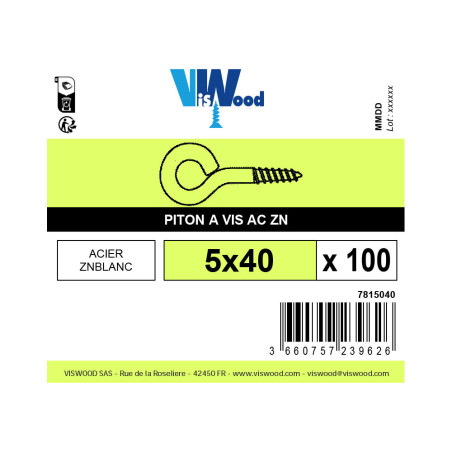 Boite 100 Pitons vis à bois 5 X 40mm zingué - Viswood