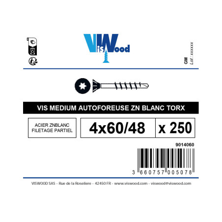 Boite 250 vis bois medium autoforeuses 4 X 60mm tête fraisée torx zingué - Viswood