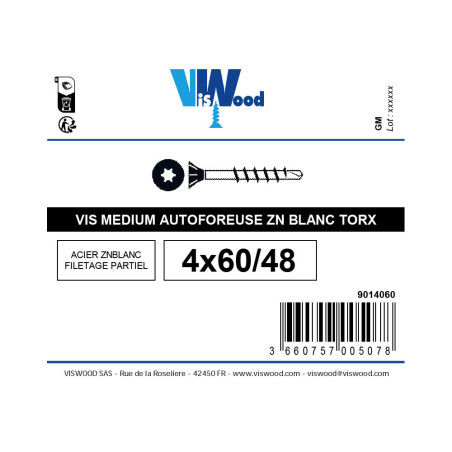 Vis bois medium autoforeuses 4 X 60mm tête fraisée torx zingué à l'unité - Viswood