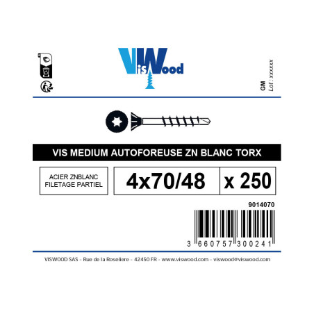 Boite 250 vis bois medium autoforeuses 4 X 70mm tête fraisée torx zingué - Viswood