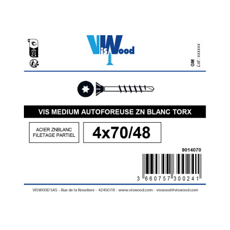 Vis bois medium autoforeuses 4 X 70mm tête fraisée torx zingué à l'unité - Viswood