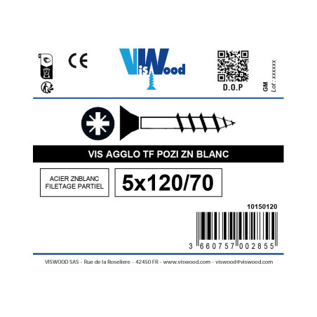 Vis agglo 5 X 120mm tête fraisée pozidriv filetage partiel zingué à l'unité - Viswood