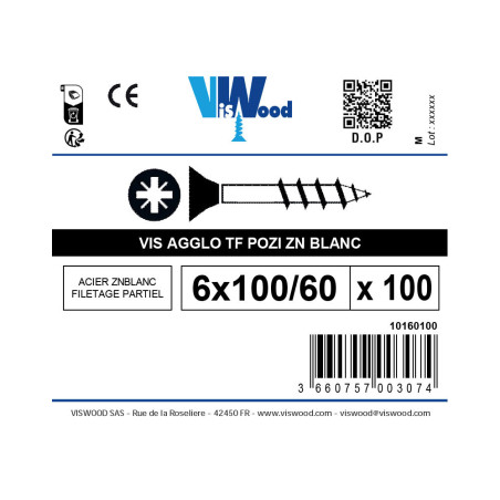 Boite 100 vis agglo 6 X 100mm tête fraisée pozidriv filetage partiel zingué - Viswood