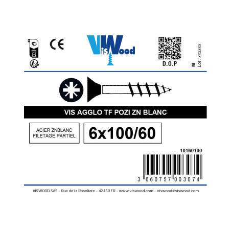 Vis agglo 6 X 100mm tête fraisée pozidriv filetage partiel zingué à l'unité - Viswood