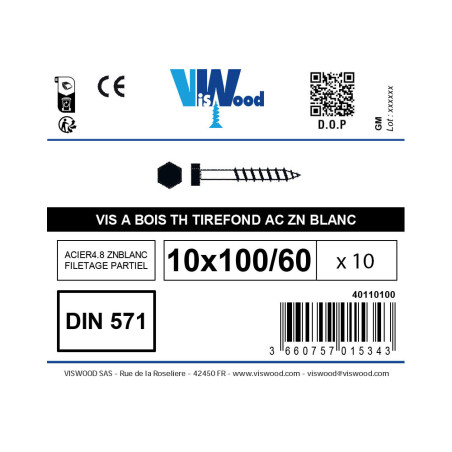 Boite 10 tirefond vis à bois 10 X 100mm tête hexagonale zingué - Viswood
