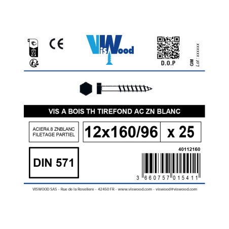 Boite 25 vis à bois 12 X 160mm tête hexagonale zingué - Viswood