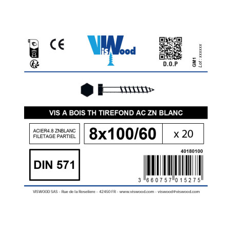 Boite 20 tirefond vis à bois 8 X 100mm tête hexagonale zingué - Viswood