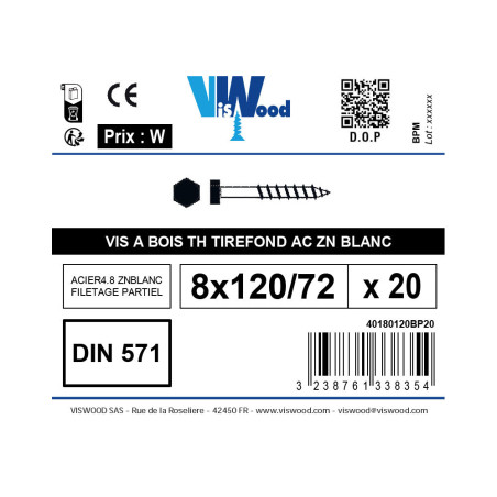 Boite 20 tirefond vis à bois 8 X 120mm tête hexagonale zingué - Viswood