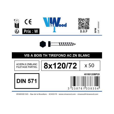 Boite 50 vis à bois 8 X 120mm tête hexagonale zingué - Viswood