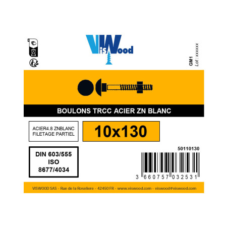 Boulon TRCC 10 x 130mm zingué à l'unité - Viswood