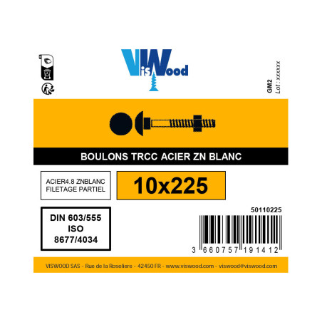 Boulon TRCC 10 x 225mm zingué à l'unité - Viswood