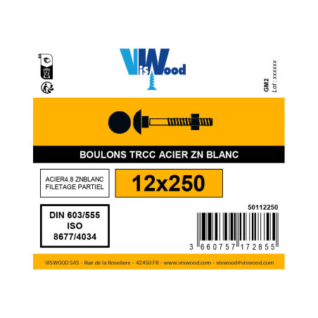 Boulon TRCC 12 X 250mm zingué à l'unité - Viswood