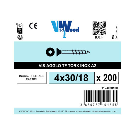 Boite 200 vis agglo 4 X 30mm tête fraisée Torx inox A2 - Viswood