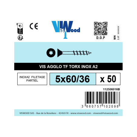 Boite 50 vis agglo 5 X 60mm tête fraisée Torx inox A2 - Viswood