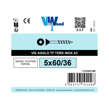 Vis agglo 5 X 60mm tête fraisée Torx inox A2 à l'unité - Viswood