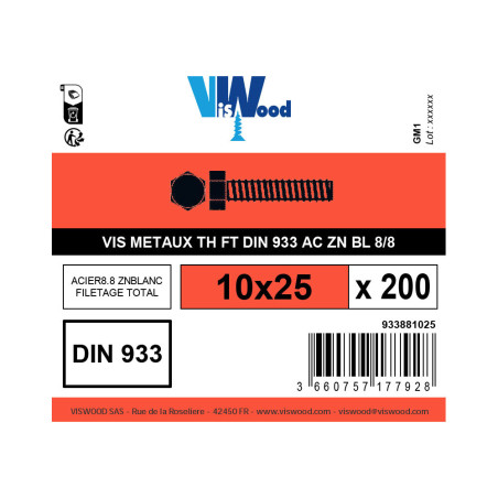 Boite 200 vis 10 X 25mm tête hexagonale classe 8.8 zingué - Viswood