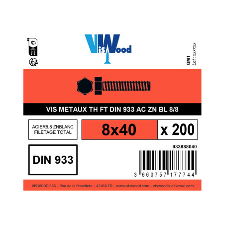 Boite 200 vis 8 X 40mm tête hexagonale classe 8.8 zingué - Viswood