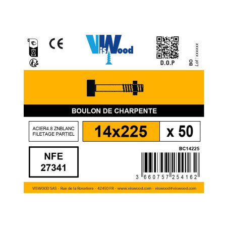 Boite 50 boulons de charpente tête carrée 14 x 225mm zingué - Viswood