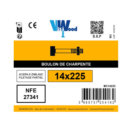 Boulon de charpente tête carrée 14 x 225mm zingué à l'unité - Viswood