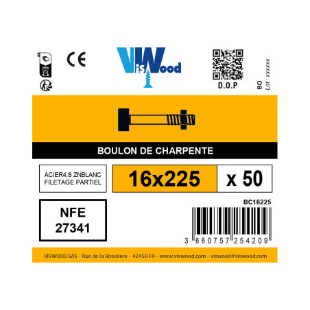 Boite 50 boulons de charpente tête carrée 16 x 225mm zingué - Viswood