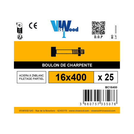 Boite 25 boulons de charpente tête carrée 16 x 400mm zingué - Viswood