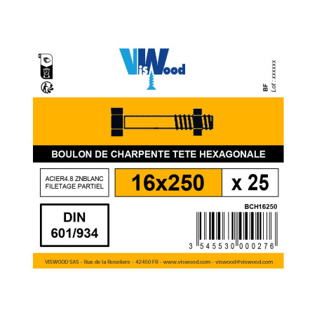 Boite 25 boulons de charpente tête hexagonale 16 x 250mm zingué - Viswood